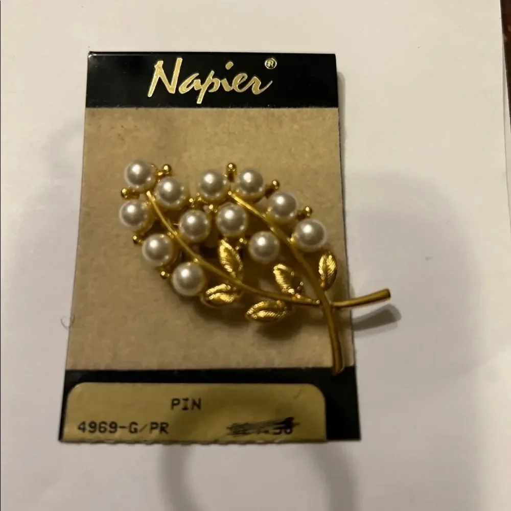 Vintage Napier Gold Tone Faux Pearl Leaves & Branches Pin/Brooch 2 3/8” Wide